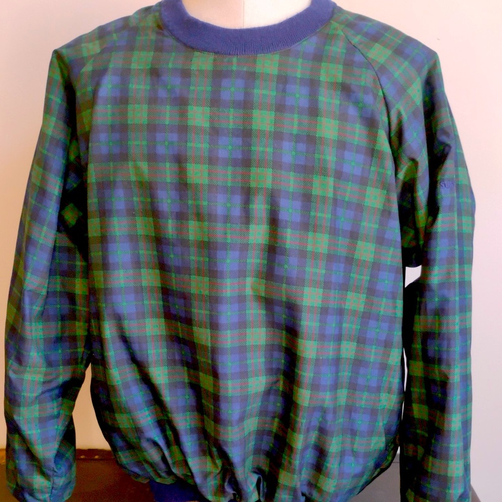 Vintage Sunderland Golf Pullover Windbreaker Blue & Green Plaid made in Scotland